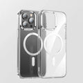 Transparent two-in-one magnetic phone case with shockproof protection for iPhone models, showing back and side view.