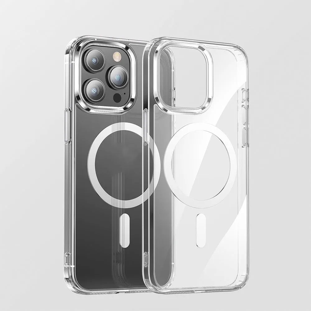 Transparent two-in-one magnetic phone case with shockproof protection for iPhone models, showing back and side view.