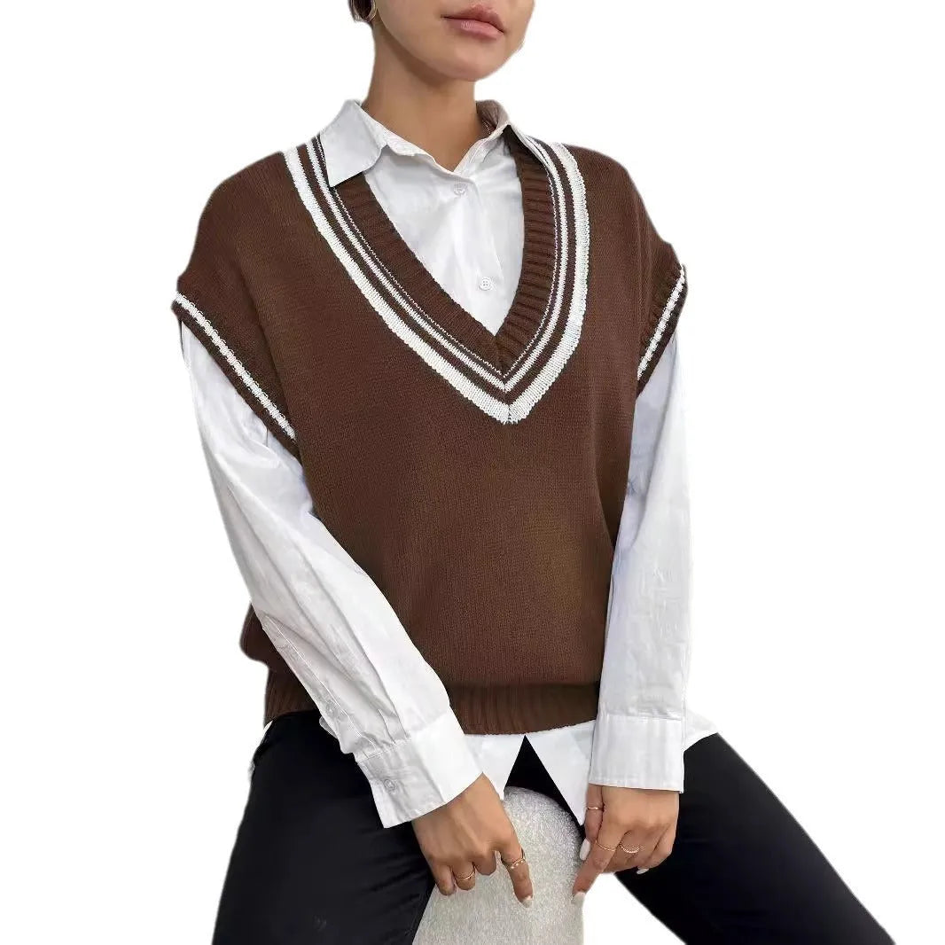 Women's casual wool vest sweater in loose fit free size design showing college style pullover in black blue coffee colour options