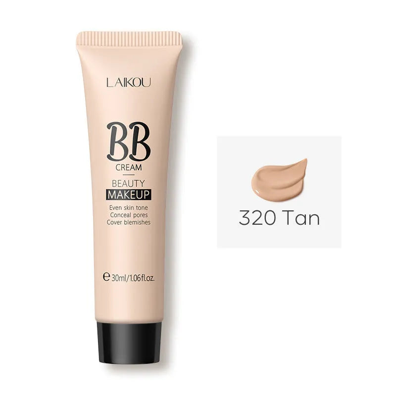 30ml tube of BB cream shown alongside swatches of its nine shades from light ivory to dark brown.