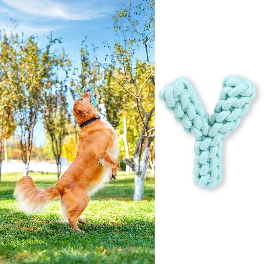 Blue Y-shaped cotton rope dog toy for large breeds on a wooden floor.