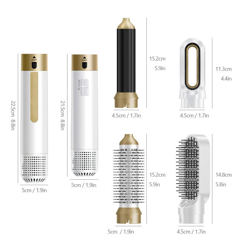 6-in-1 hot air styling comb set with leather case and multiple attachment heads for hair straightening and curling