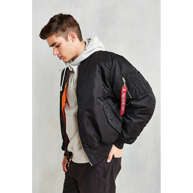 Men's loose fit cotton-padded pilot jacket in Army Green, made from nylon fabric.