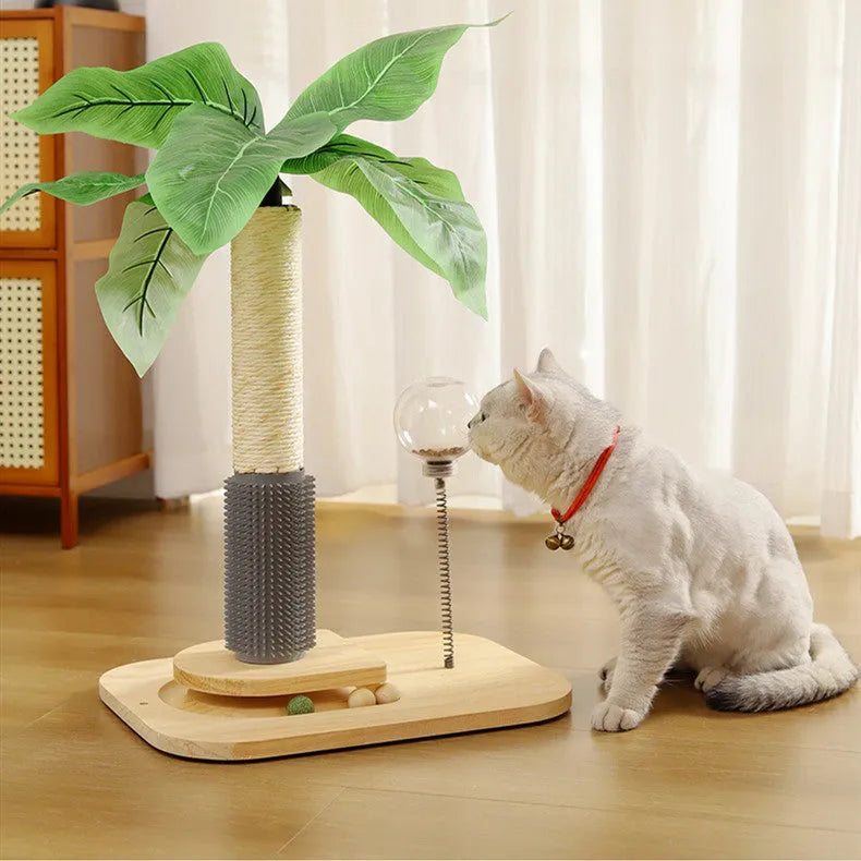 Tall, columnar cat scratching post with natural sisal rope wrapped around a wooden core, standing on a floor.