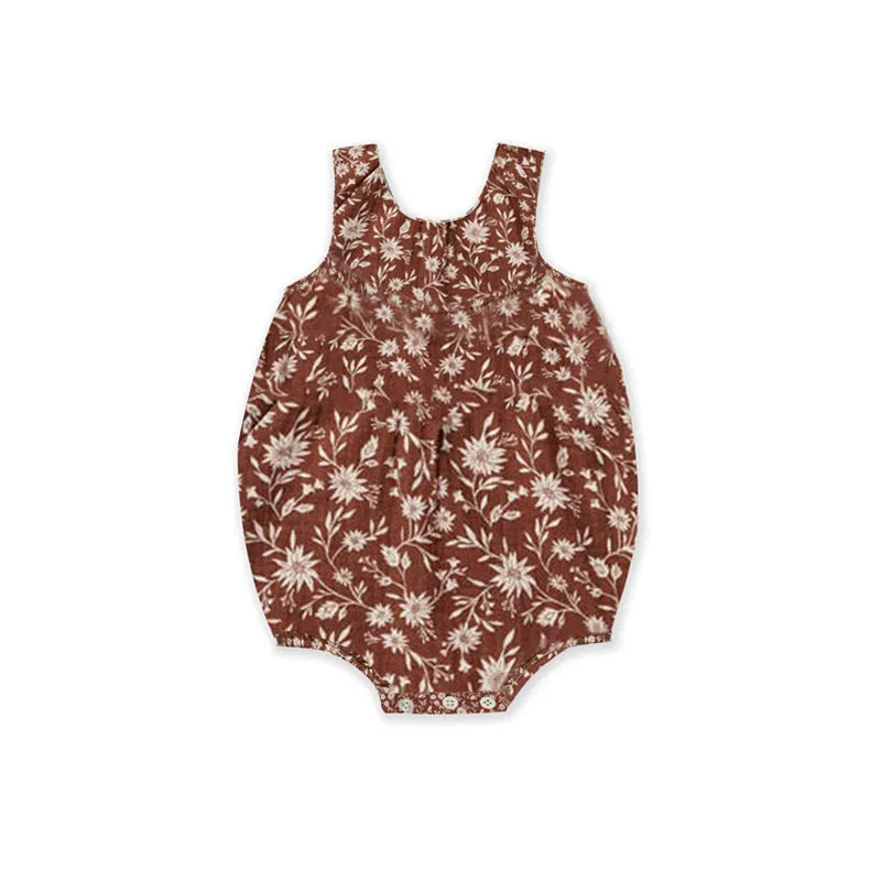 Cotton floral sleeveless baby romper in beige leaves colour for summer, suitable for 66-90cm height