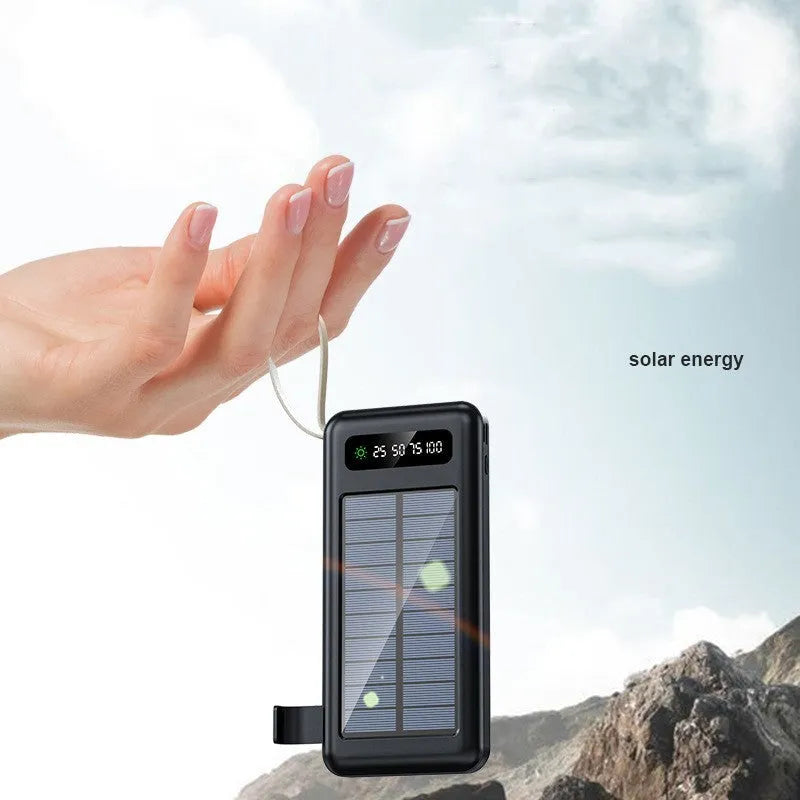 Cool black and ivory white solar power bank showing integrated solar panel and compact 144mm x 68mm dimensions.