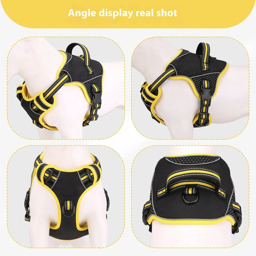 Yellow and orange polyester dog harness with traction strap for outdoor training