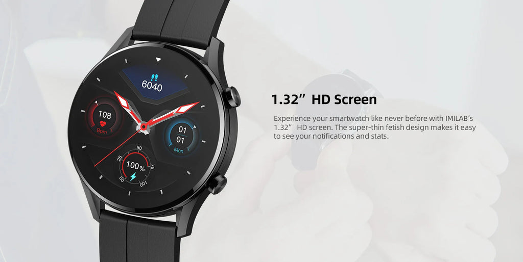 IMILAB W12 Smart Watch Black with 1.32-inch HD screen, rubber strap, and heart rate sensor