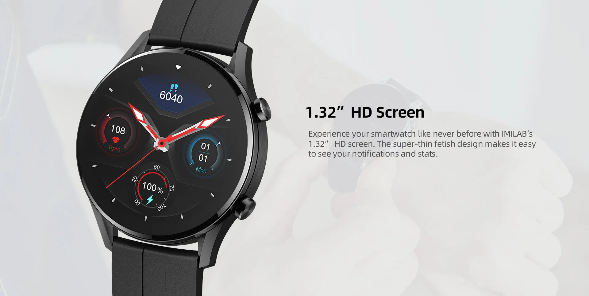 IMILAB W12 Smart Watch Black with 1.32-inch HD screen, rubber strap, and heart rate sensor