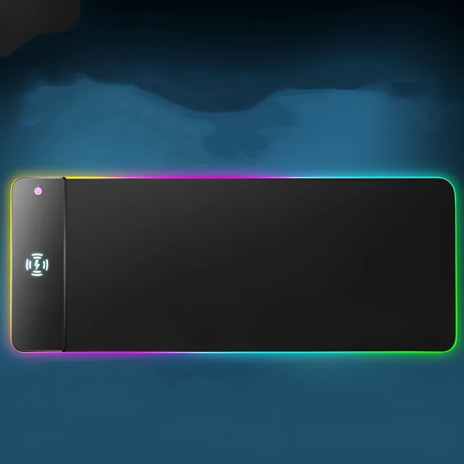 Wireless charging RGB luminous mouse pad 300x800x4mm with black cloth surface and built-in 10W charger