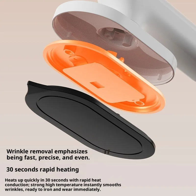 White plastic wireless mini portable pressing machine with USB power and 3-step thermostat on a neutral background