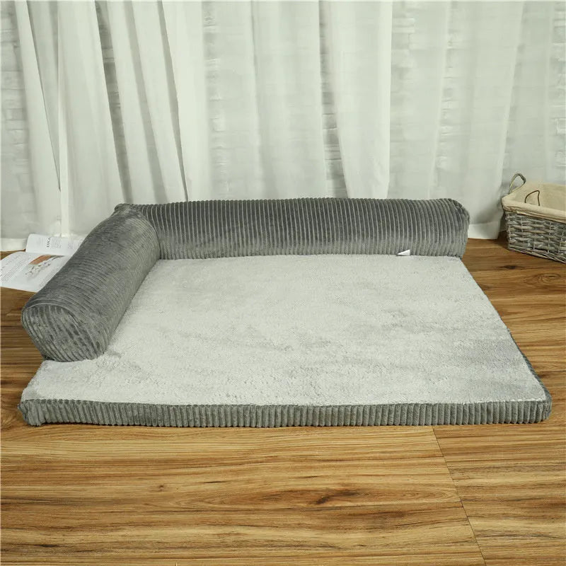 Corduroy dog sofa bed with non-slip base in grey colour, showing bilateral bolster design
