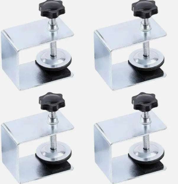 Drawer panel fixing clip in stainless steel or galvanised sheet with retaining clamp for wood board assembly