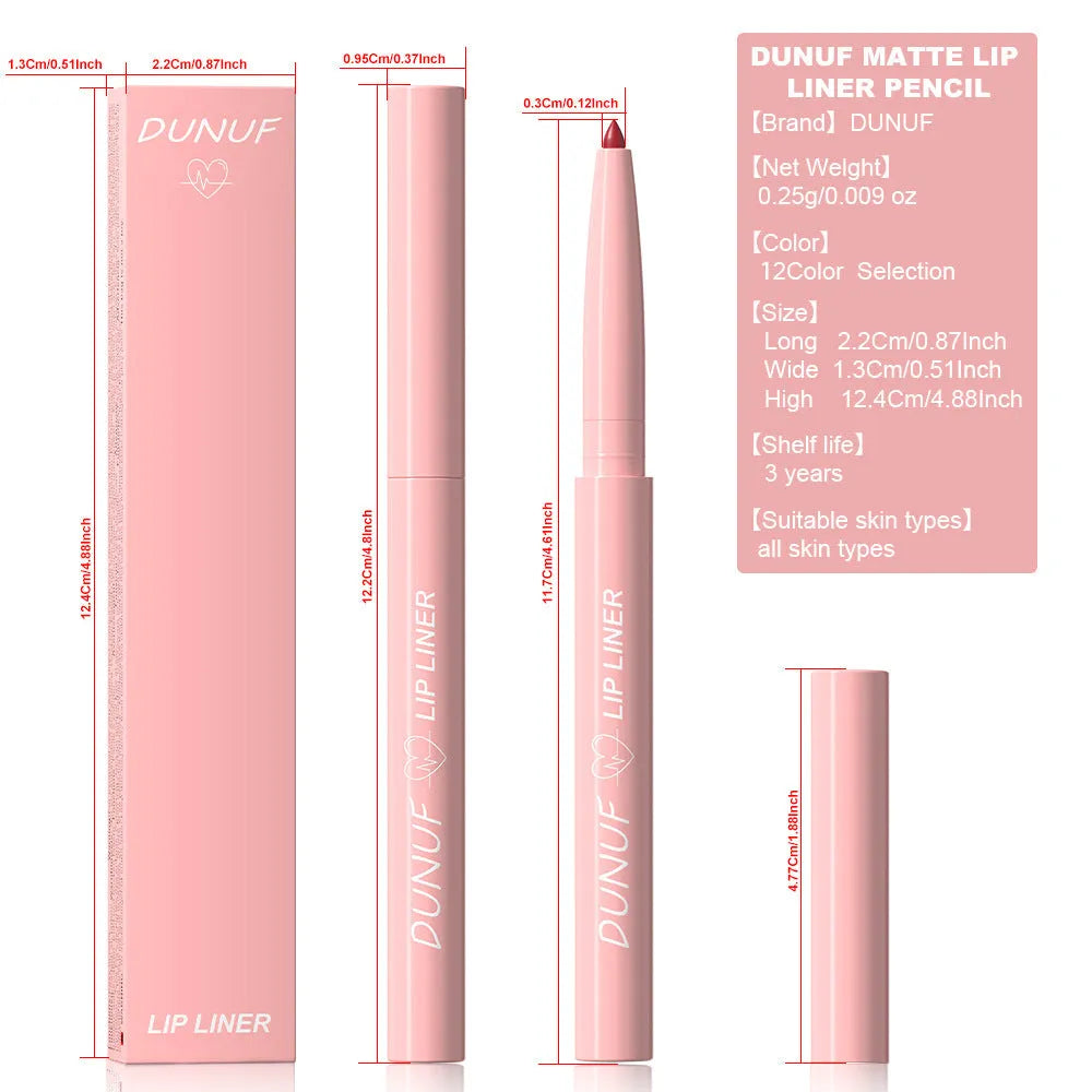 Velvet matte lip liner pencil in a set of 12 different colour shades