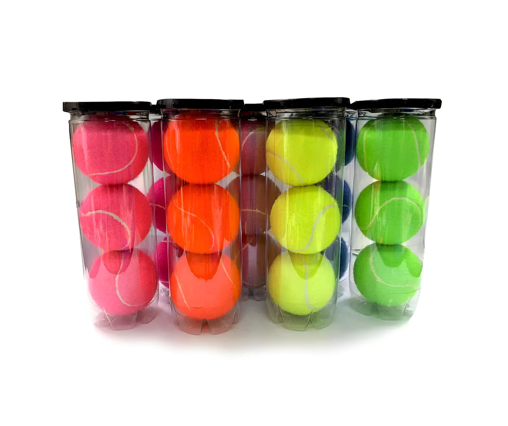 Six high elasticity rubber training tennis balls in a barrel pack showing rose red, orange, pink, green, and two-colour random options