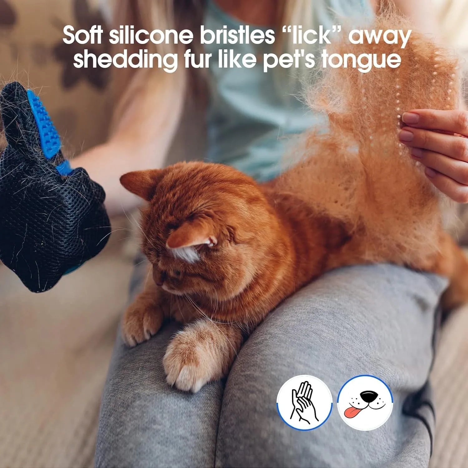 Blue silicone pet grooming glove with 255 fingertips for removing hair from dogs and cats.