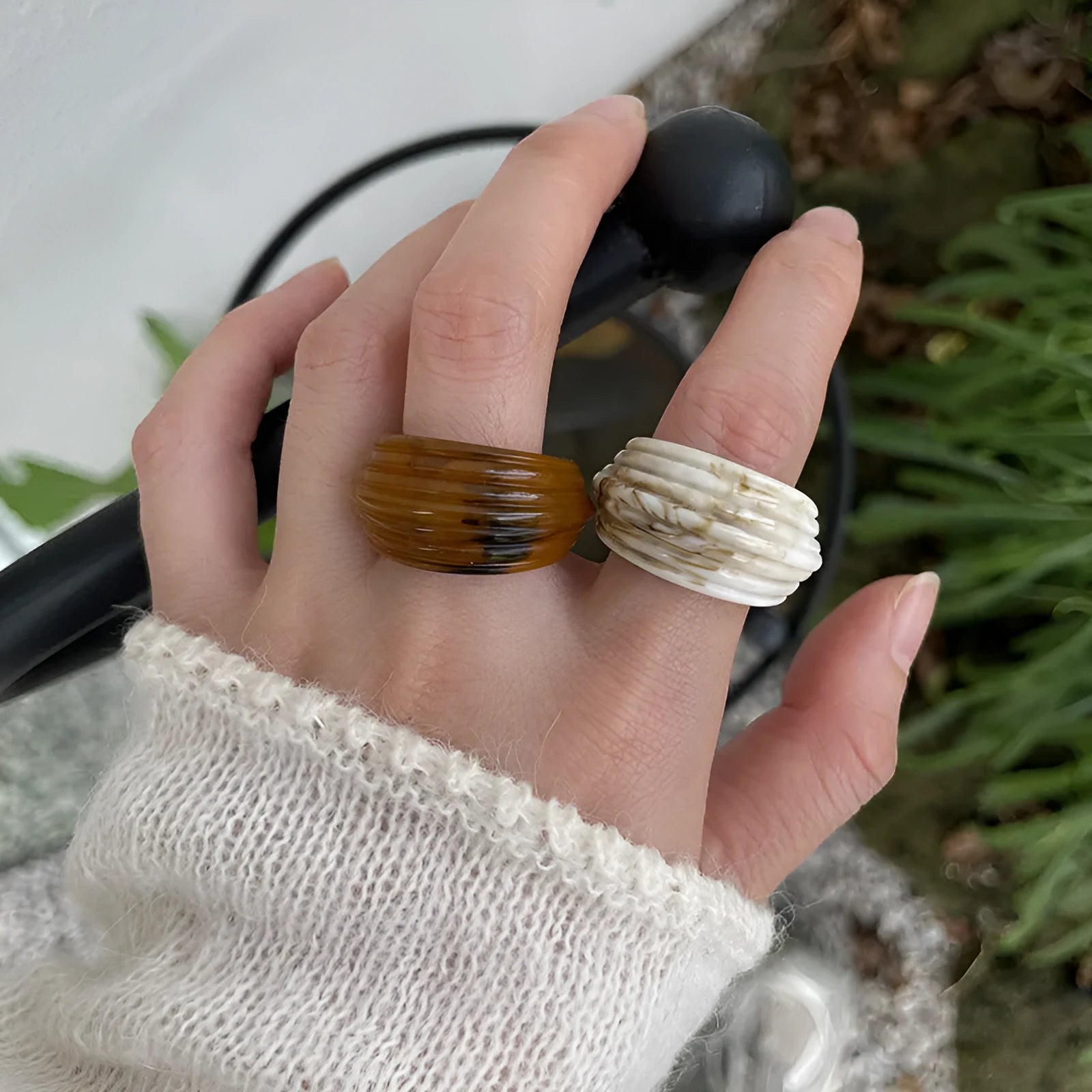 Geometric irregular resin ring in earthy tones with Chinese style retro design