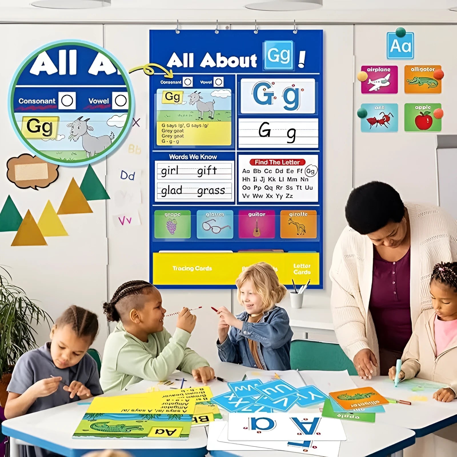 Alphabet learning sleeve table chart with word, letter, and picture cards for toddlers.