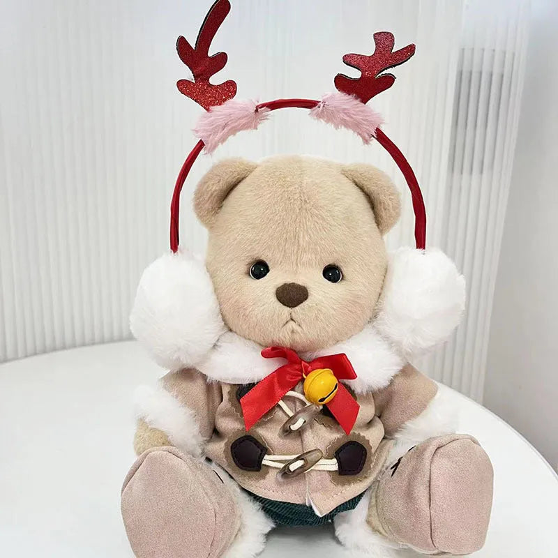 30cm Momo bear plush doll wearing a red plaid dress Christmas costume set with cloak