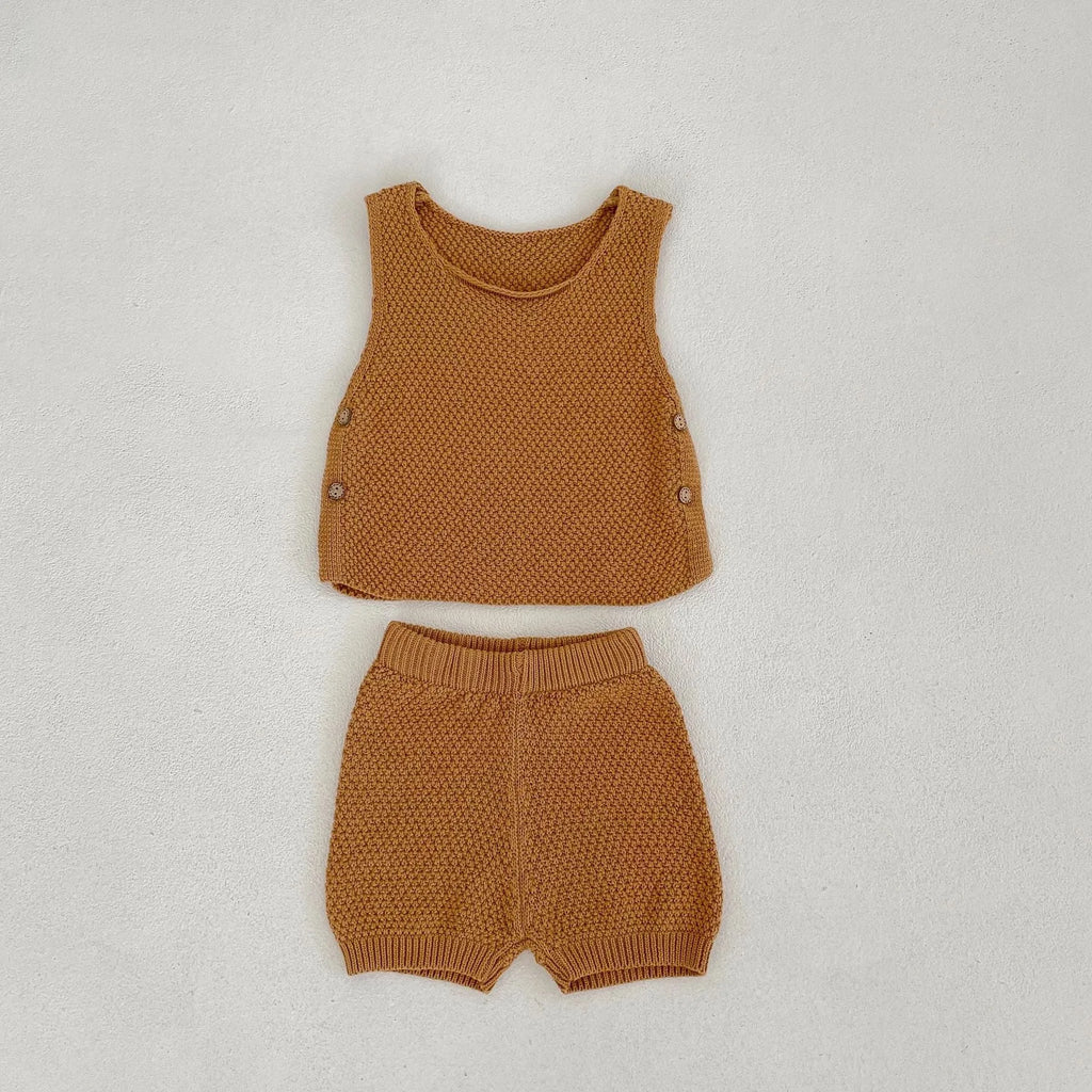 Baby cotton two-piece set with short-sleeved vest top and shorts in lead ancient grey or leaves yellow, sizes 66cm to 100cm