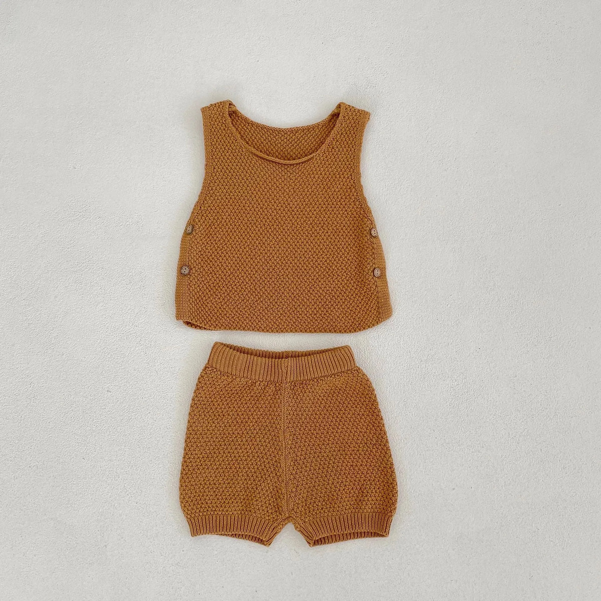 Baby cotton two-piece set with short-sleeved vest top and shorts in lead ancient grey or leaves yellow, sizes 66cm to 100cm