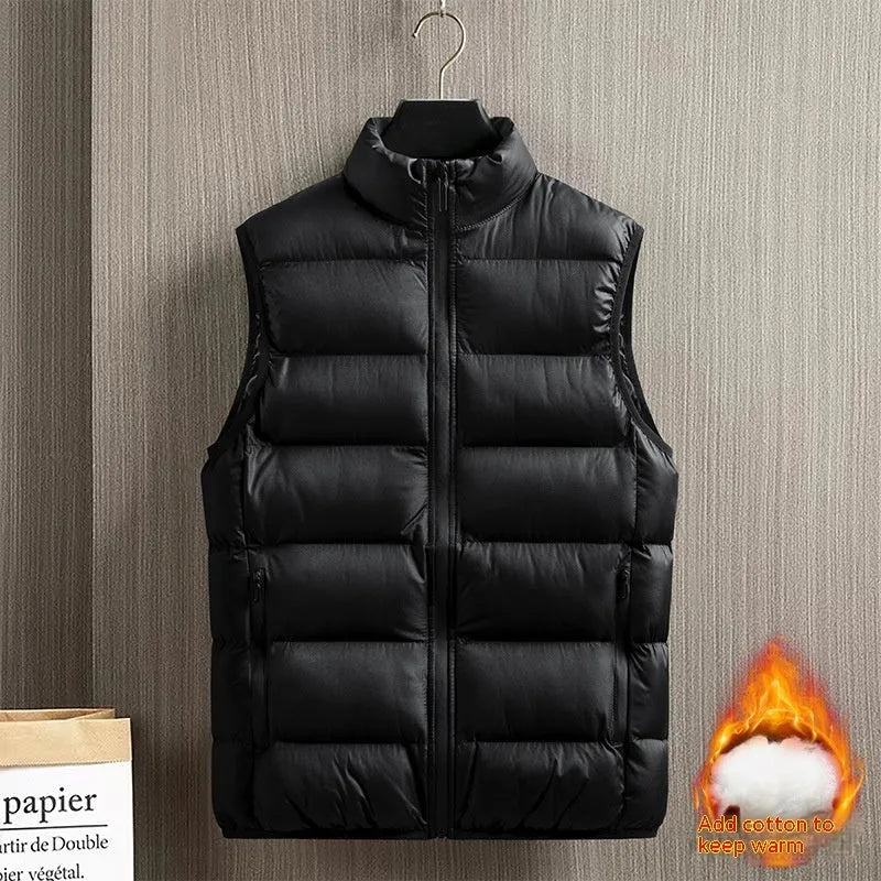 Men's thickened down jacket vest loose fit medium length 65cm polyester fibre round hem black colour front view