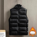 Men's thickened down jacket vest loose fit medium length 65cm polyester fibre round hem black colour front view