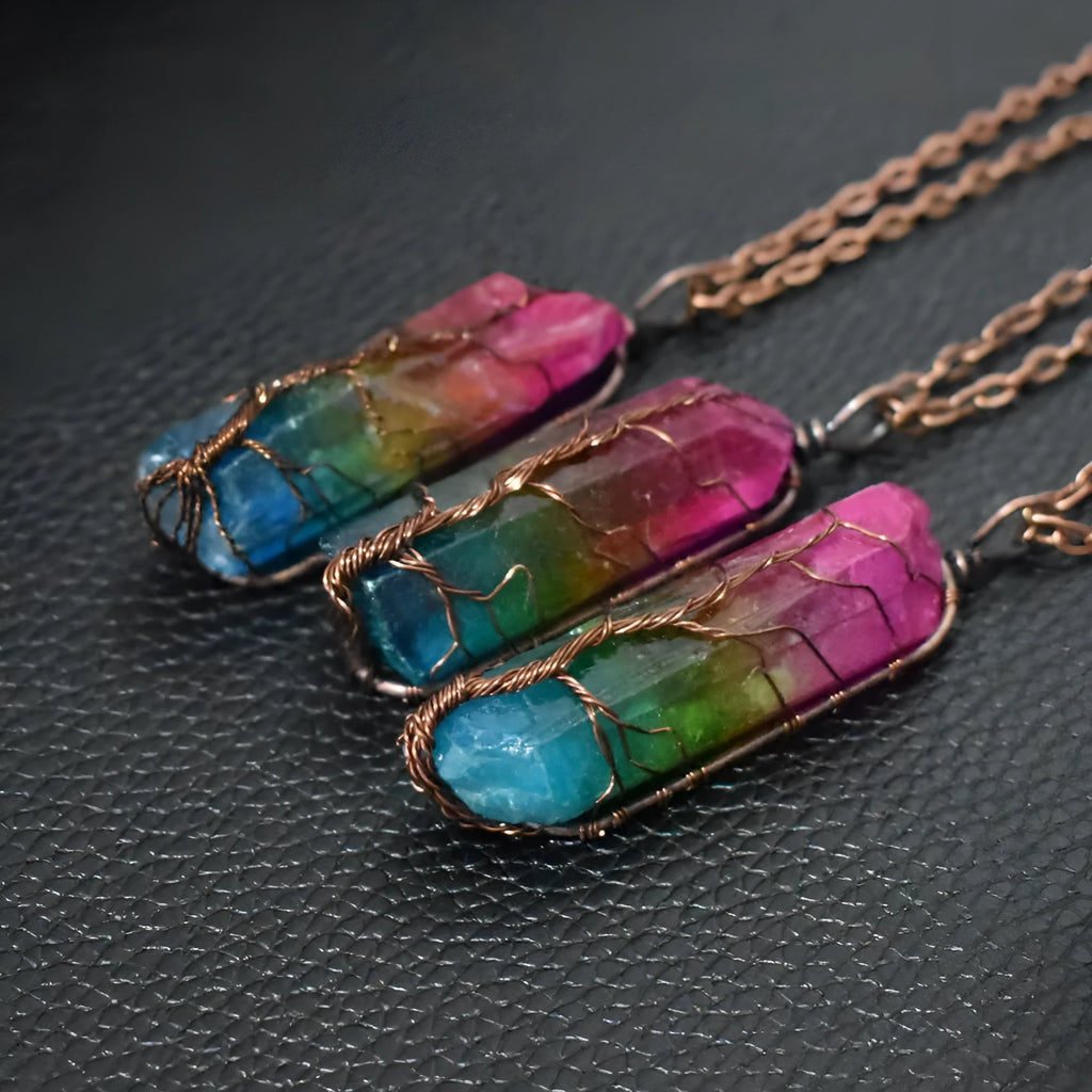 Tree of Life crystal pillar pendant necklace with O-chain and extension, available in rainbow colour