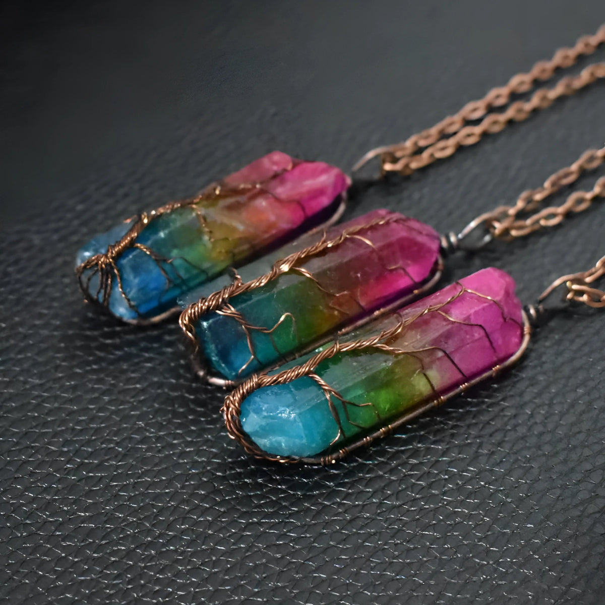 Tree of Life crystal pillar pendant necklace with O-chain and extension, available in rainbow colour