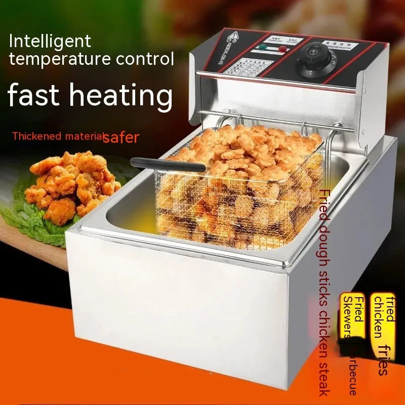 Commercial stainless steel deep frying pan with temperature control dial and large cooking capacity