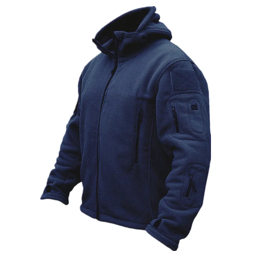Men's cotton fleece jacket with zipper pockets, round hem, available in khaki, gray, black, army green, navy blue