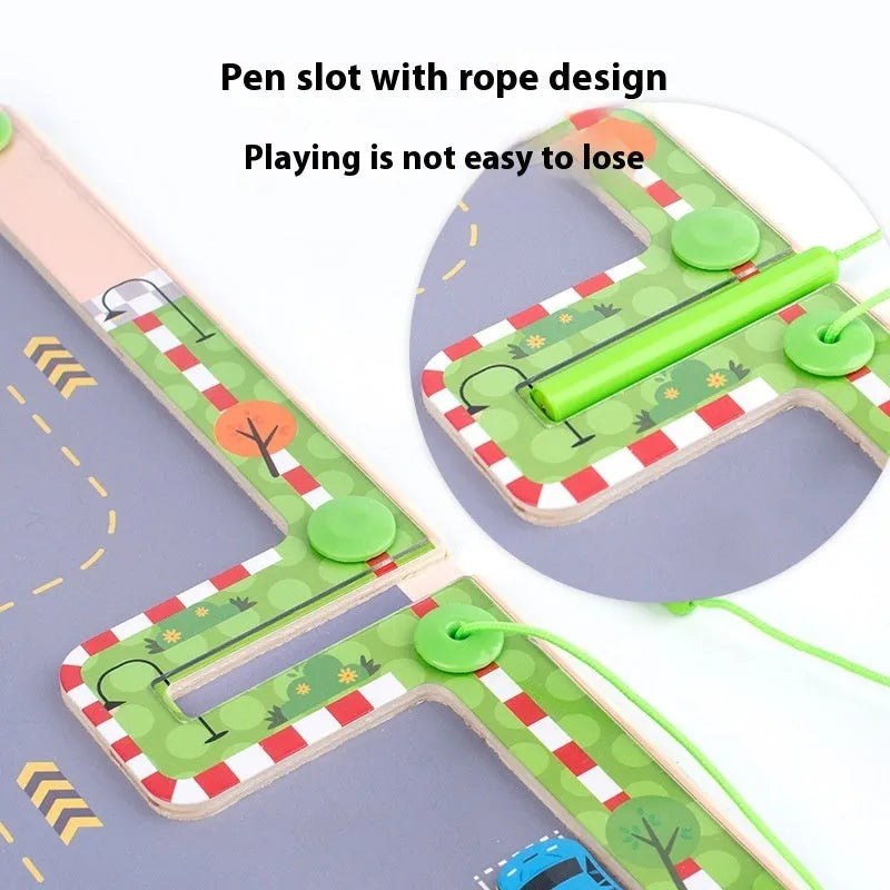 Wooden magnetic letter matching maze, 29.5cm square board with magnetic wand and coloured beads, colour box packaging