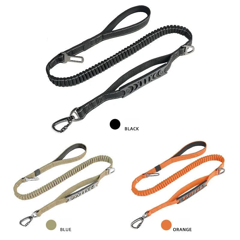 Large retractable dog walking lead with hand-holding grip and reflective safety strips in orange, khaki, or black.