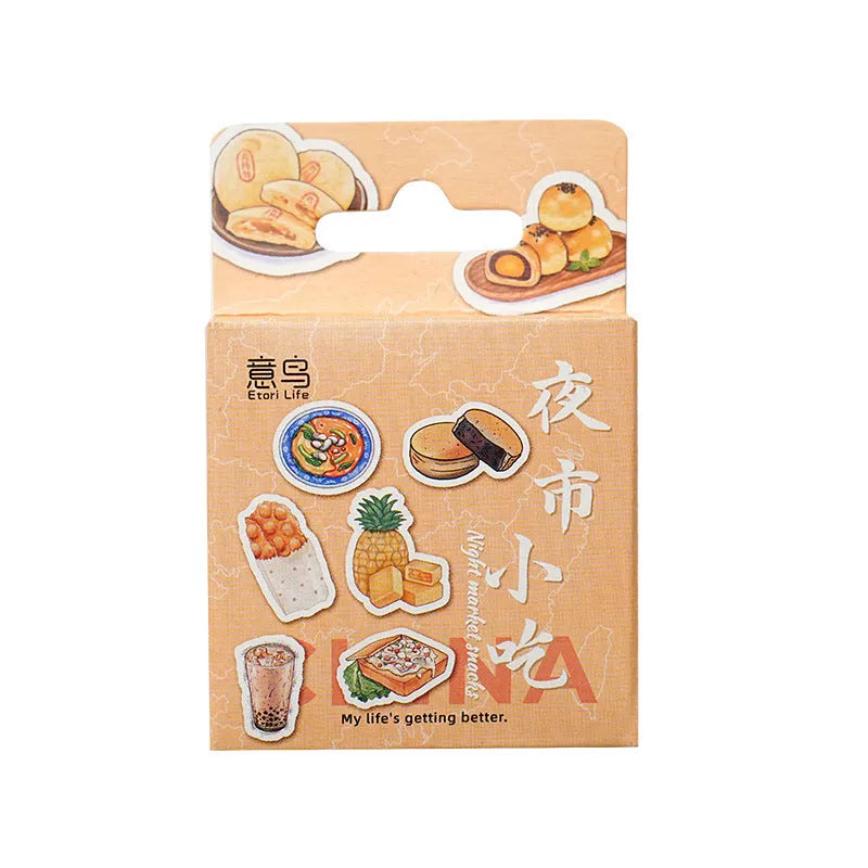 Box-packed night market snacks retro stickers 46 pieces adhesive labels for DIY decoration