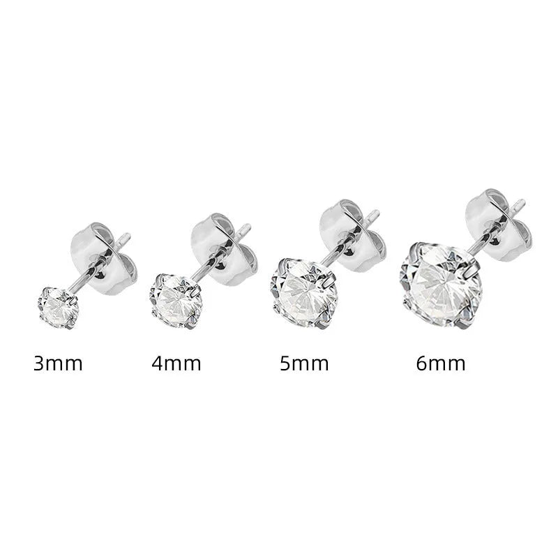 Geometric square titanium steel stud earrings with a round zirconia stone in gold tone.