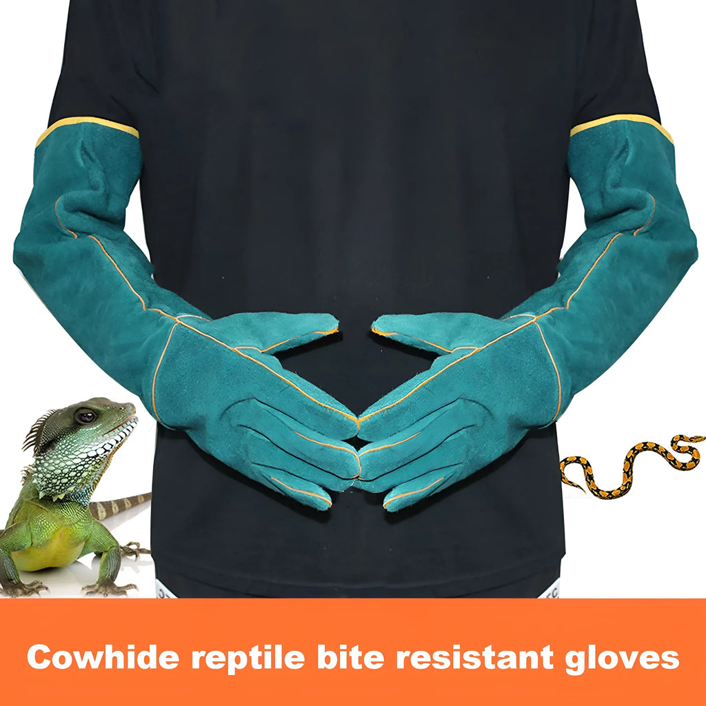 Dark green long sleeve leather gloves for handling and protecting against animal bites and scratches.