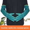 Dark green long sleeve leather gloves for handling and protecting against animal bites and scratches.