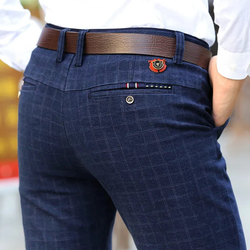 Straight slim Korean style cotton trousers for men in black, check pattern, mid-rise waist
