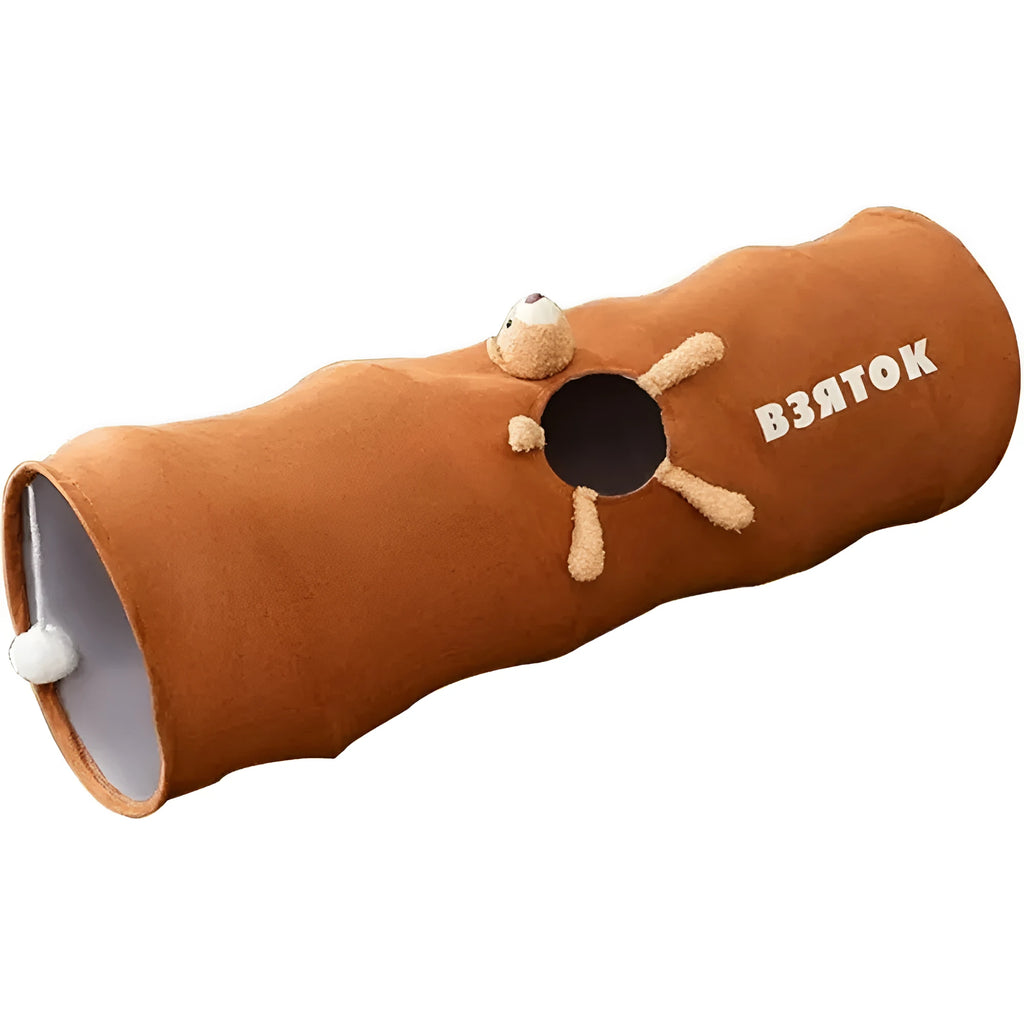 Collapsible cat tunnel with plush ball in brown or grey, showing foldable steel wire frame and suede fabric