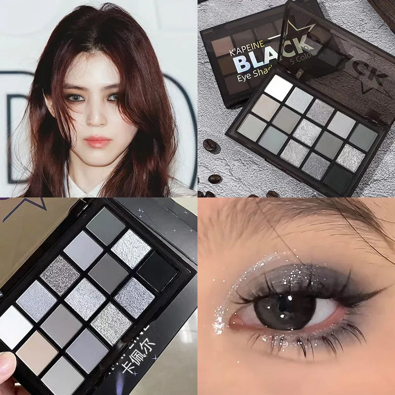 15-colour eye shadow palette showing matte shimmer shades including grey black and brown blue colours