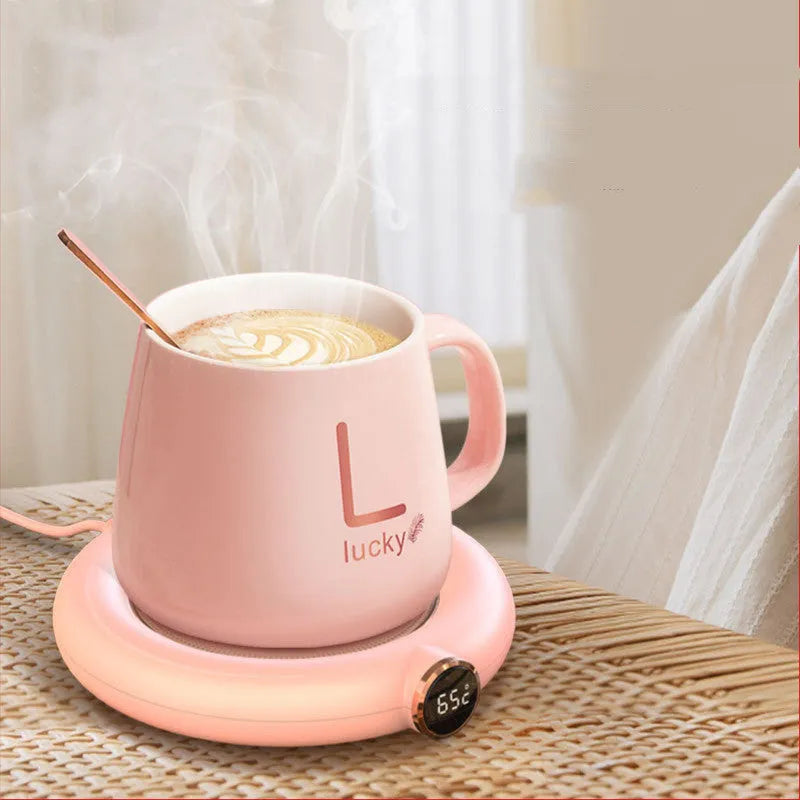 White USB cup warmer pad with LED display and mug on heating plate