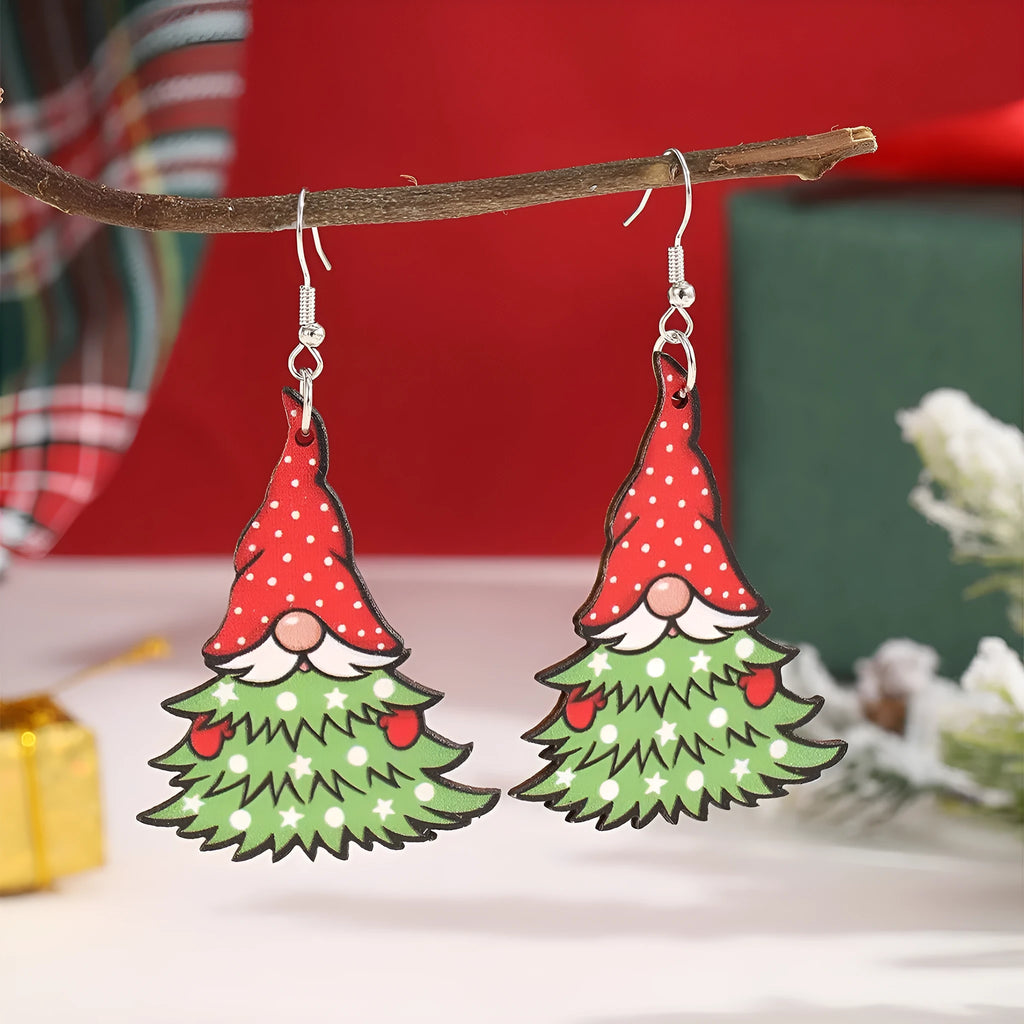 Christmas wooden earrings with printed tree and snowman designs