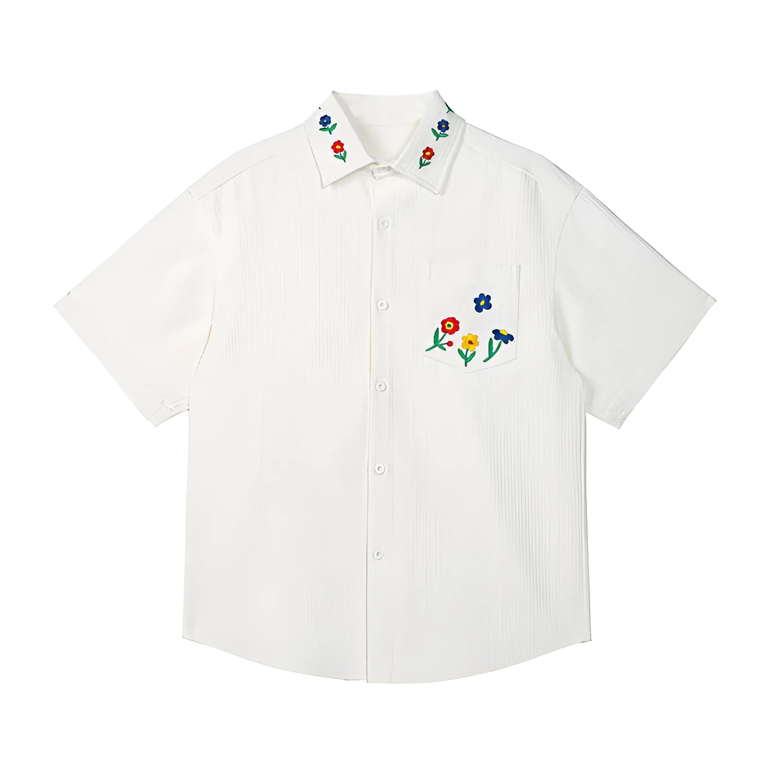 Embroidered short sleeve shirt in black with loose fit, polyester fabric, size M to 5XL