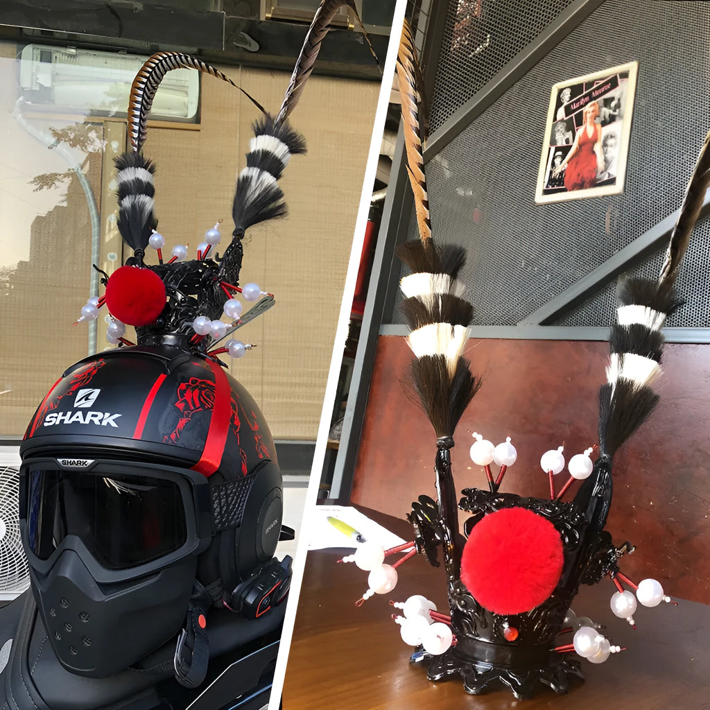 Zijin Crown gold and purple feather plume decoration attached to a black motorcycle helmet