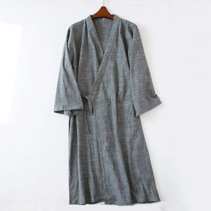 Men's woven cotton gauze nightgown mid-length home bathrobe in gray robe, front view
