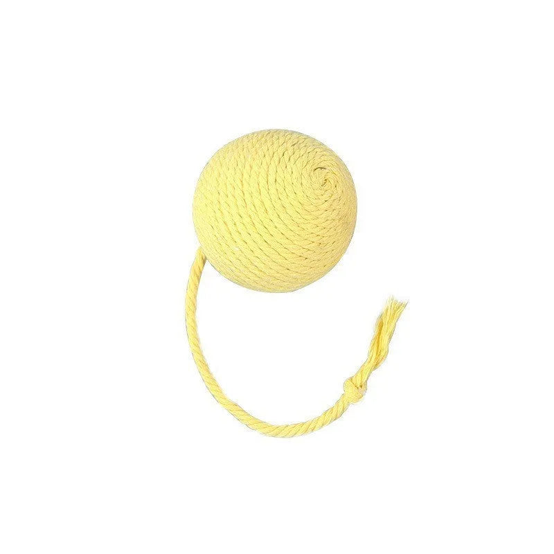 Cat toy ball with rope attached in green, pink, purple or yellow colour with internal bell