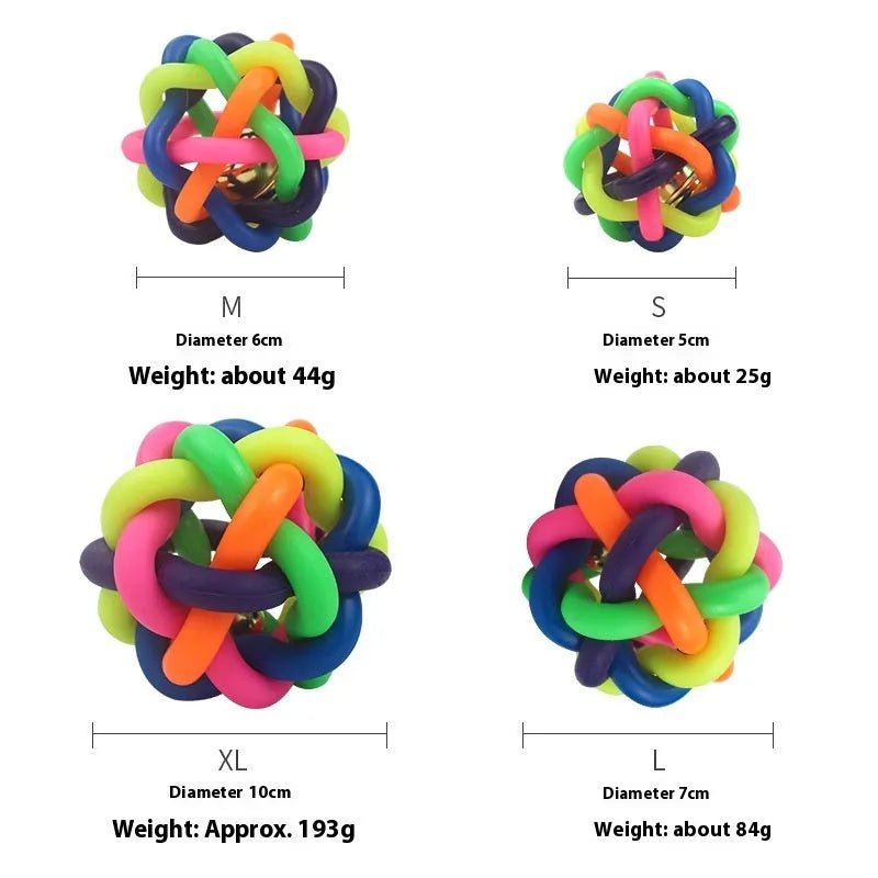 Colourful woven plastic pet toy ball with bell in rainbow colour on white background