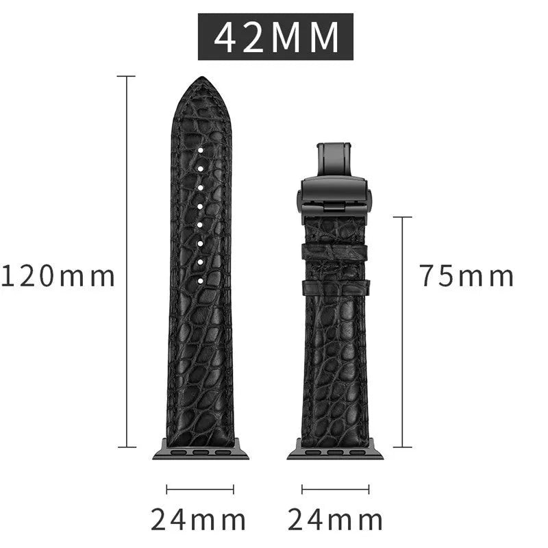 Genuine crocodile skin leather watch strap for 38-40mm watch cases in black with rose gold hardware