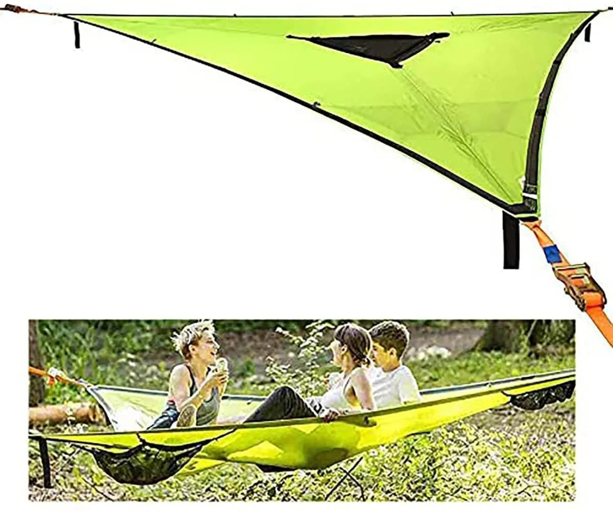 Green aerial multi-person triangle hammock made from nylon 210T, 400cm sides, hanging outdoors