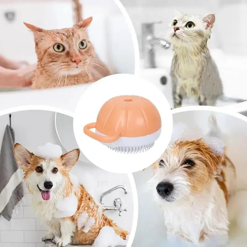 Orange TPR dog shampoo brush with silicone comb teeth and pumpkin-shaped ergonomic handle